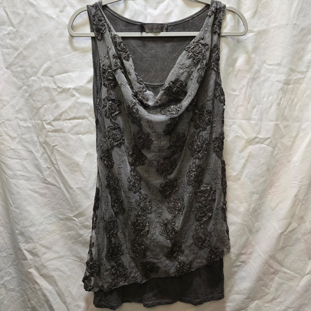 Kosmika Gray Sleeveless Top Floral Applique Cowl Neck Italy Small Asymmetric Y2K